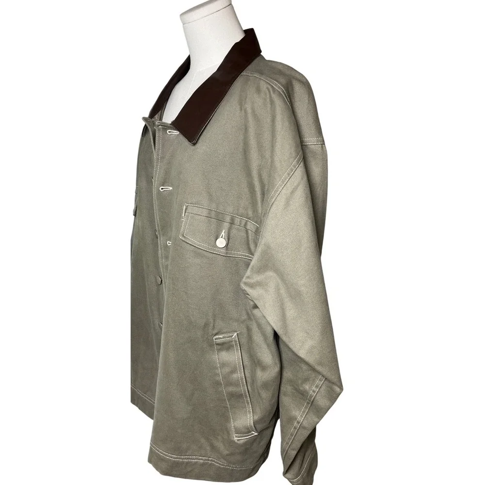 Vintage Barn Chore Jacket Cotton Twill Leather Collar Plaid Lined Moon & Sun‎ XL